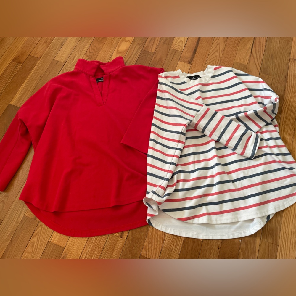 Tuckernuck Red V-Neck Pullover & White Navy Red Striped Long Sleeve Top